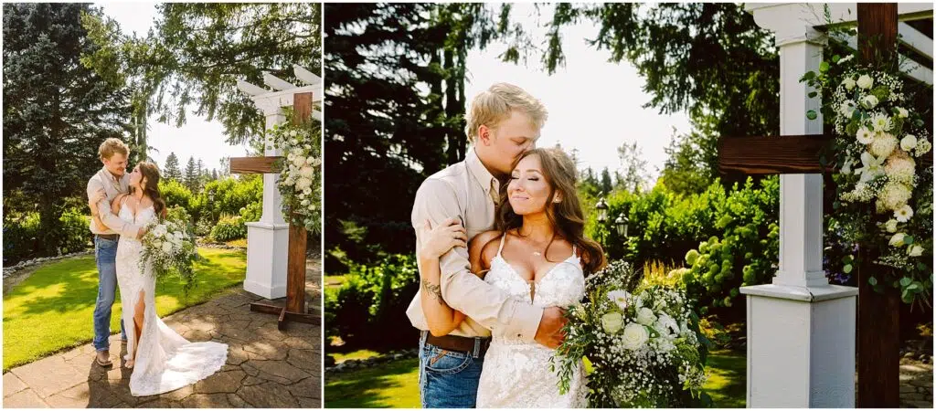 Snohomish Wedding Photographer GSquared Weddings A couple embraces outdoors on a sunny day, standing near a flower-adorned wooden arch. The woman wears a white lace dress and holds a lush bouquet, while the man wears a light shirt and jeans. Trees and greenery are visible in the background. Serving Seattle, Snohomish and Orlando