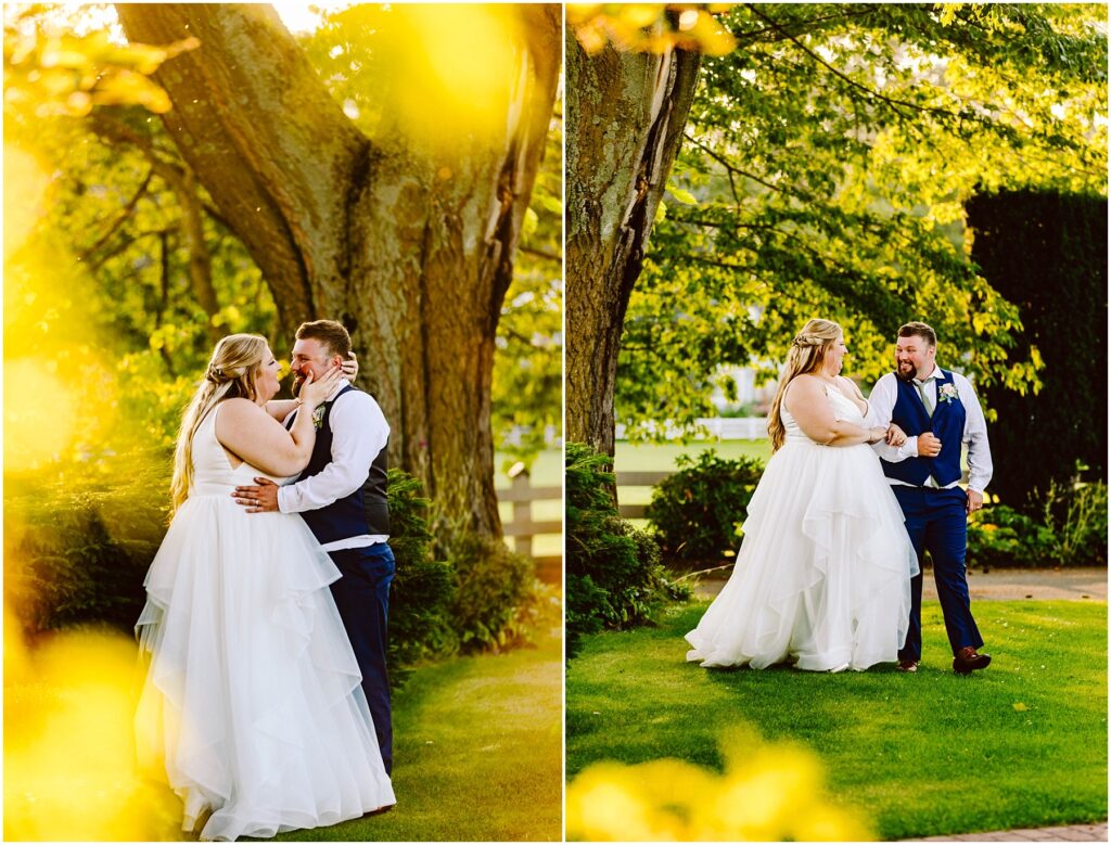 Snohomish Wedding Photographer GSquared Weddings A bride and groom share a joyful moment outdoors. The bride is in a flowing white gown, and the groom is in a blue vest and tie. They stand near large trees, surrounded by green grass and bathed in warm, golden sunlight. Serving Seattle, Snohomish and Orlando