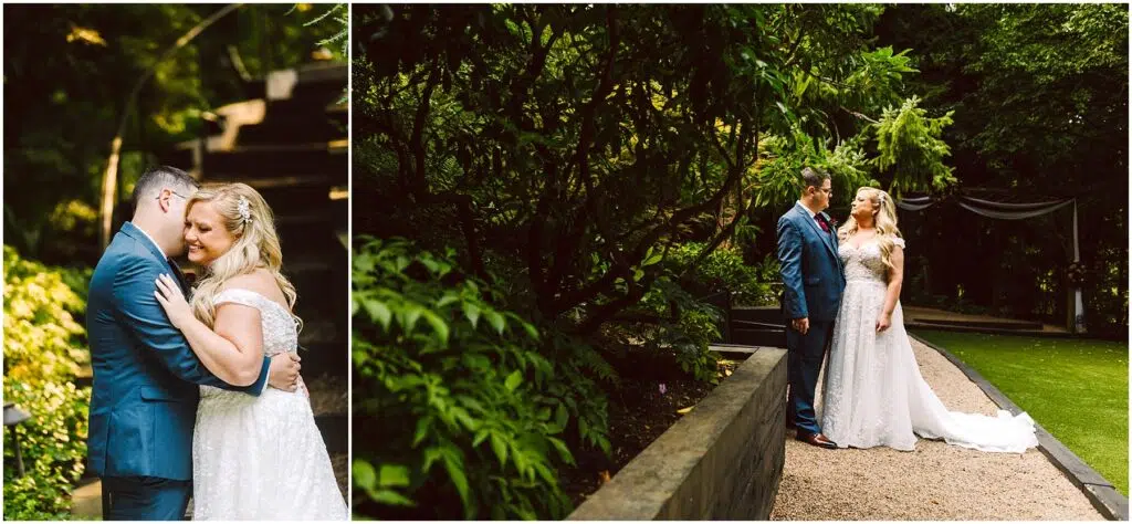 Snohomish Wedding Photographer GSquared Weddings Two images side by side: Left shows a couple embracing, both in formal attire, amid greenery. Right shows the couple holding hands on a gravel path, surrounded by lush trees and foliage, with the bride in a white dress and the groom in a blue suit. Serving Seattle, Snohomish and Orlando