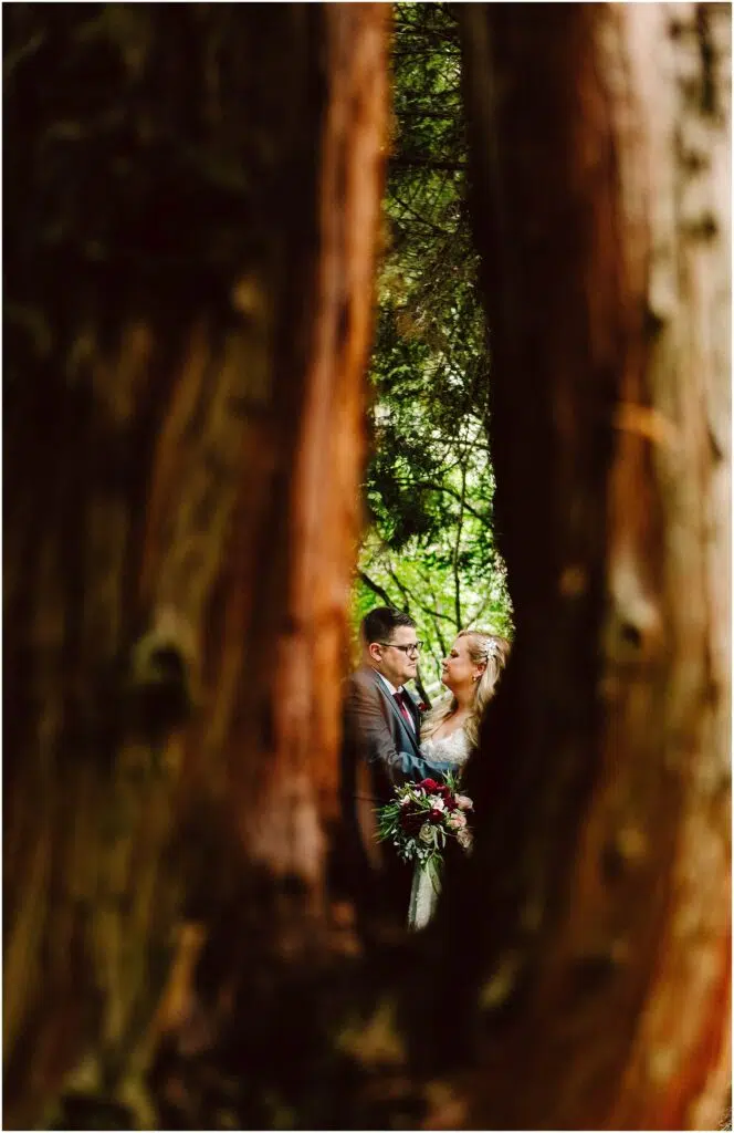 Snohomish Wedding Photographer GSquared Weddings A couple stands close, smiling at each other, in a lush forest setting. They are framed by two large tree trunks, creating a natural vignette that draws focus to them. The surrounding foliage is vibrant and green. Serving Seattle, Snohomish and Orlando