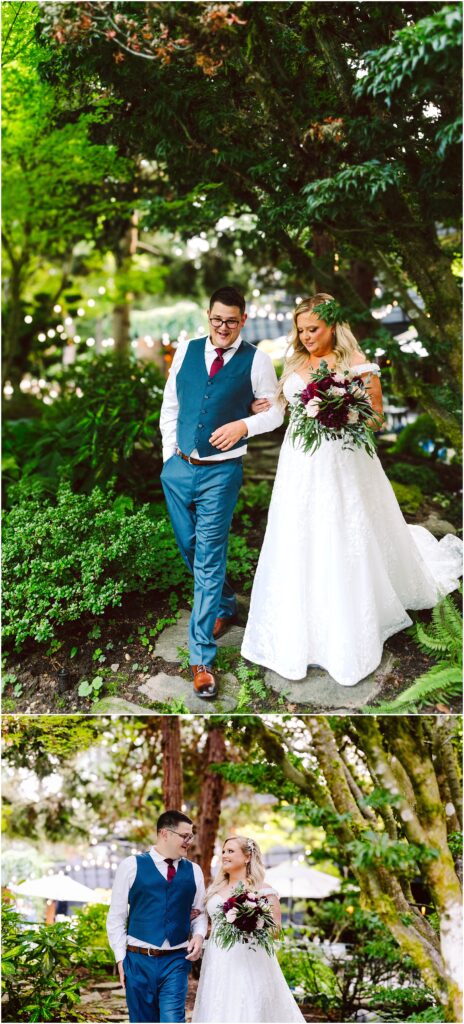 Snohomish Wedding Photographer GSquared Weddings A bride in a white dress and a groom in a blue vest and tie share a joyful moment walking through a lush, green garden. She holds a bouquet of red and white flowers. Both are smiling, surrounded by trees and foliage. Serving Seattle, Snohomish and Orlando