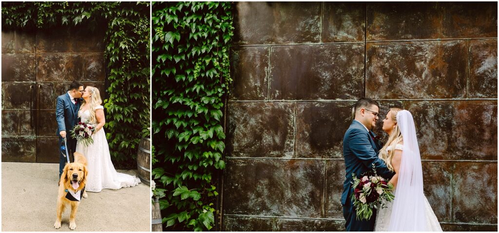 Snohomish Wedding Photographer GSquared Weddings A bride and groom embrace in front of a large, textured wall with green foliage on the side. The groom wears a dark suit, the bride a white gown with a veil. In an inset, they stand with a golden retriever wearing a bandana. Serving Seattle, Snohomish and Orlando