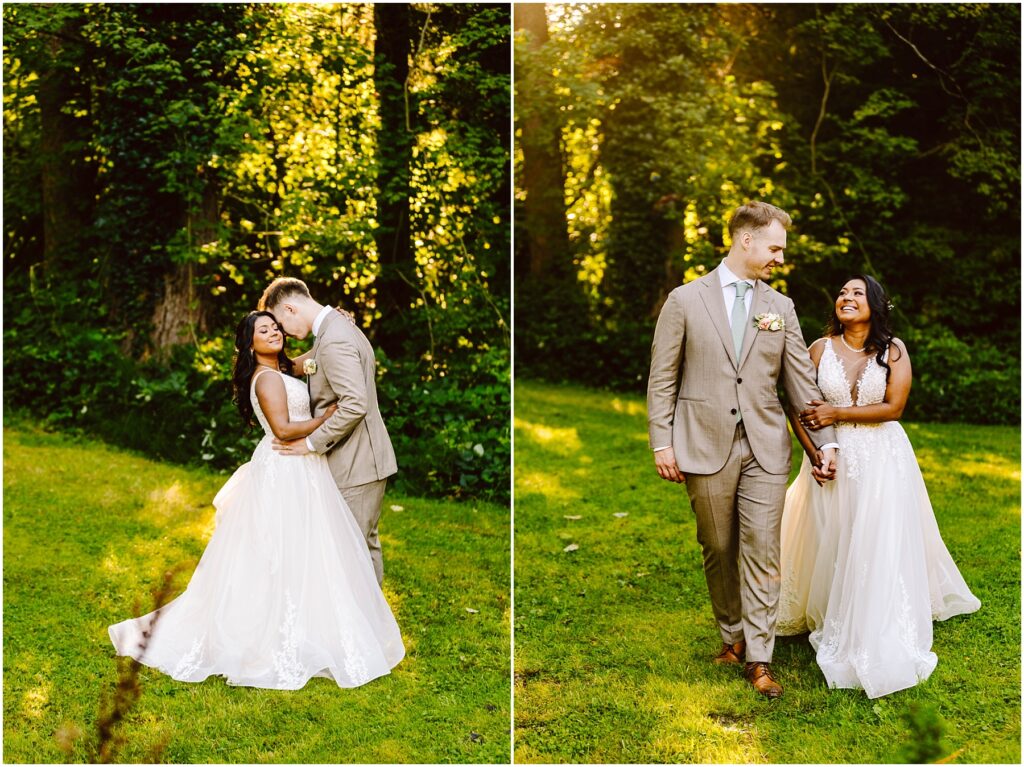 Snohomish Wedding Photographer GSquared Weddings Couple in wedding attire stands happily on lush green grass with tall trees in the background. The groom wears a beige suit, and the bride wears a flowing white dress. Sunlight filters through the trees, creating a warm, serene atmosphere. Serving Seattle, Snohomish and Orlando