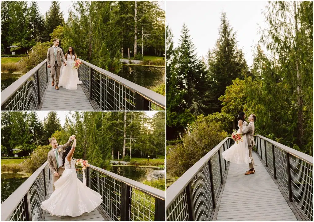 Snohomish Wedding Photographer GSquared Weddings A couple in wedding attire on a wooden bridge by a serene lake. They hold hands and dance, surrounded by tall trees and greenery. The bride holds a bouquet of flowers, and both appear happy and relaxed. Serving Seattle, Snohomish and Orlando