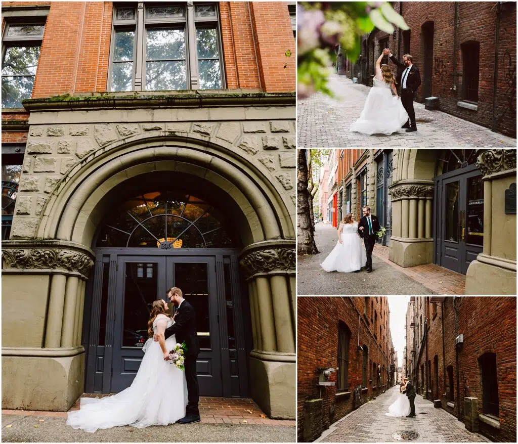 Snohomish Wedding Photographer GSquared Weddings A bride in a white gown and a groom in a black suit pose in various locations. They stand in front of an ornate arched doorway, on cobblestone streets, and in a narrow brick alley, capturing romantic moments. Serving Seattle, Snohomish and Orlando