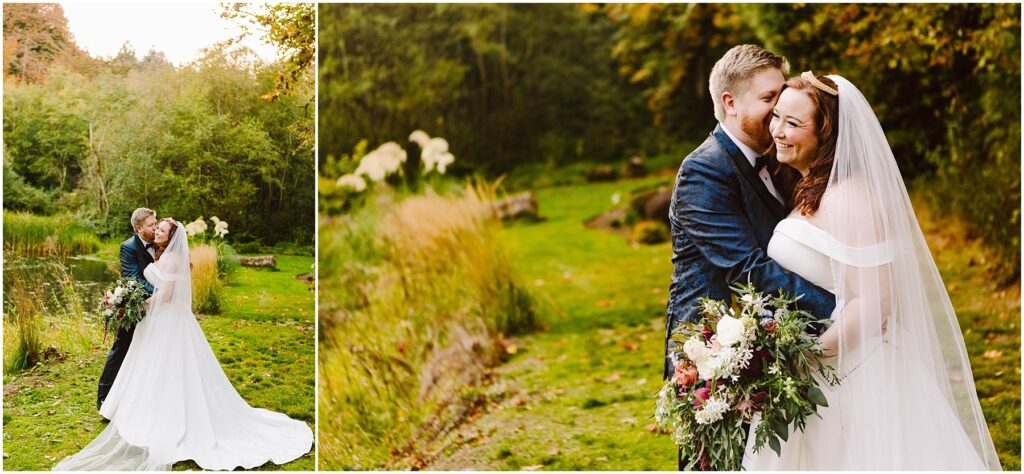 Snohomish Wedding Photographer GSquared Weddings A bride and groom embrace and smile in an outdoor setting with lush greenery. The bride wears a white gown and veil, holding a bouquet of flowers, while the groom is in a dark suit. The background includes grass and trees, with warm sunlight filtering through. Serving Seattle, Snohomish and Orlando