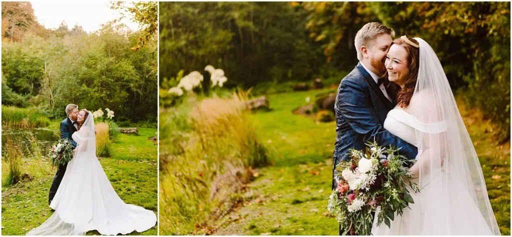 Snohomish Wedding Photographer GSquared Weddings A bride and groom embrace and smile in an outdoor setting with lush greenery. The bride wears a white gown and veil, holding a bouquet of flowers, while the groom is in a dark suit. The background includes grass and trees, with warm sunlight filtering through. Serving Seattle, Snohomish and Orlando