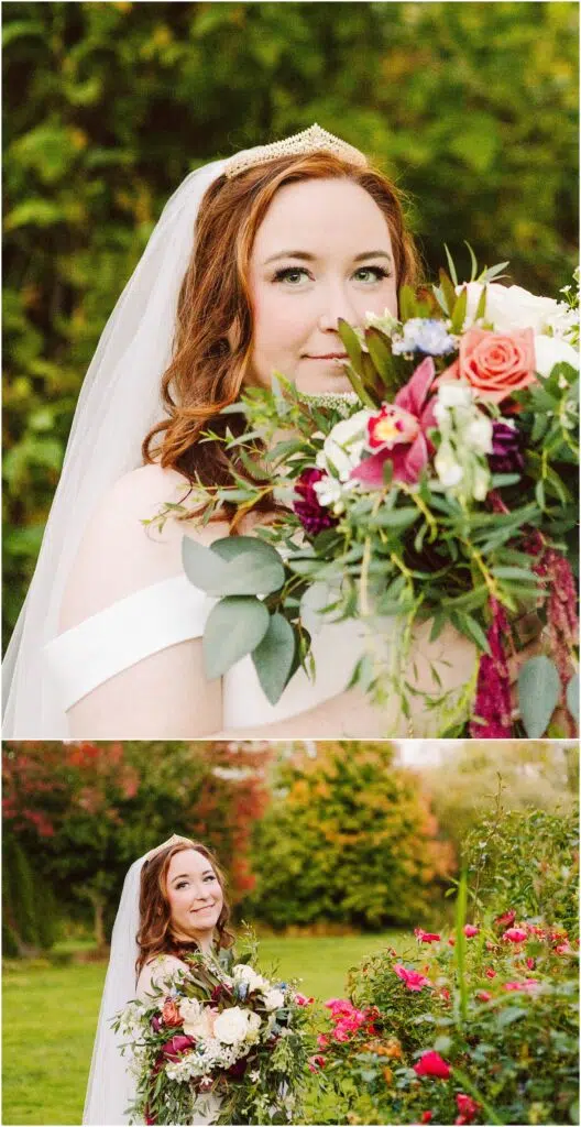 Snohomish Wedding Photographer GSquared Weddings Bride with a tiara and veil holding a colorful bouquet, smiling in a garden setting. The bouquet features roses, greenery, and mixed flowers. The background is lush with greenery and vibrant flowers. Serving Seattle, Snohomish and Orlando
