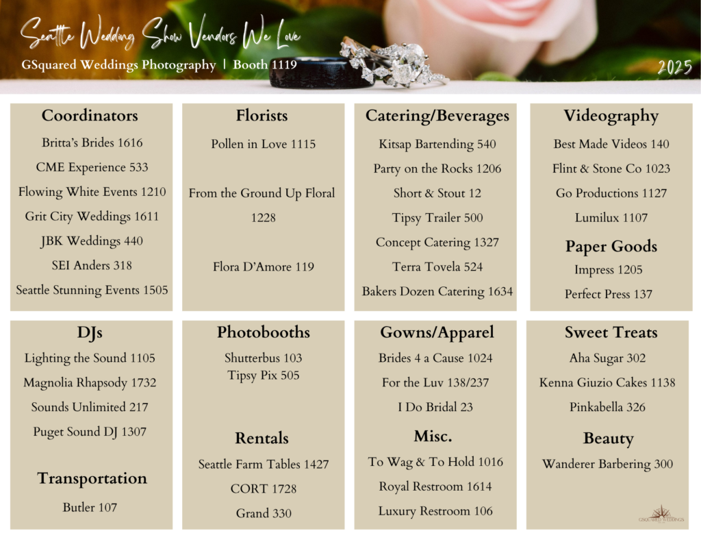 Snohomish Wedding Photographer GSquared Weddings Wedding vendors list for Seattle 2025, featuring categories: Coordinators, Florists, Catering/Beverages, Videography, DJs, Photobooths, Gowns/Apparel, Paper Goods, Rentals, Sweet Treats, Beauty, and Transportation. Each category has multiple business names with booth numbers. Serving Seattle, Snohomish and Orlando