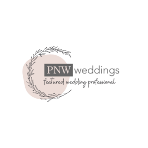 Snohomish Wedding Photographer GSquared Weddings Logo of PNW Weddings featuring a soft pink circle with a laurel wreath outline. The text reads PNW weddings in bold and featured wedding professional in cursive underneath. Serving Seattle, Snohomish and Orlando