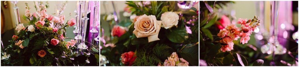 Snohomish Wedding Photographer GSquared Weddings A collage of three images featuring elegant floral arrangements. The first shows a mix of pink and peach roses with greenery. The second is a close-up of roses, and the third highlights pink flowers with soft lighting in the background. Serving Seattle, Snohomish and Orlando