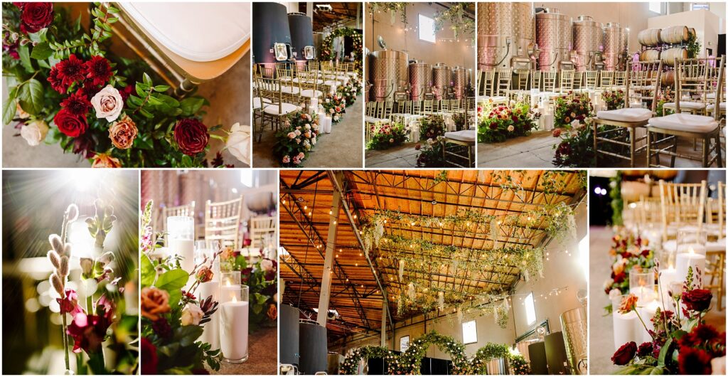 Snohomish Wedding Photographer GSquared Weddings A collage of a wedding venue featuring elegant decor: rows of white chairs with floral arrangements of red, pink, and white roses, green foliage, candles, and hanging greenery. The setting has a warm, romantic ambiance with soft lighting. Serving Seattle, Snohomish and Orlando