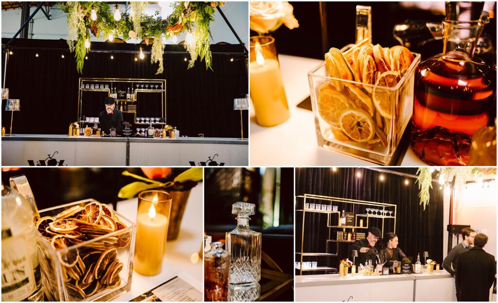 Snohomish Wedding Photographer GSquared Weddings A collage of bar images featuring a bartender at a counter, jars of dried citrus slices, a crystal decanter, and various drinks. The bar is adorned with hanging greenery, and warm lighting creates a cozy atmosphere. Serving Seattle, Snohomish and Orlando