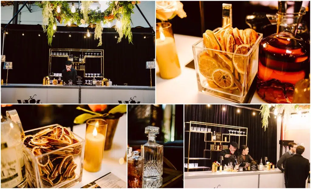 Snohomish Wedding Photographer GSquared Weddings A collage of bar images featuring a bartender at a counter, jars of dried citrus slices, a crystal decanter, and various drinks. The bar is adorned with hanging greenery, and warm lighting creates a cozy atmosphere. Serving Seattle, Snohomish and Orlando