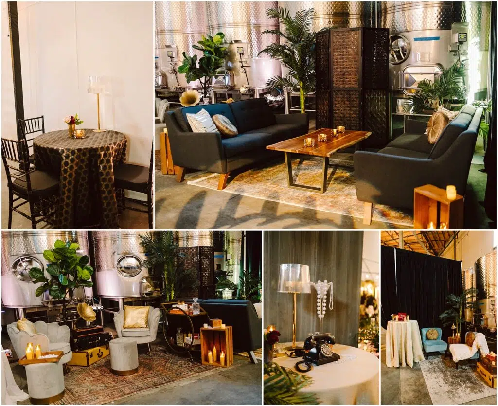 Snohomish Wedding Photographer GSquared Weddings A cozy indoor lounge area with multiple seating arrangements, including sofas and chairs around wooden tables. Decorative plants and softly lit candles create an inviting atmosphere. A table with a vintage phone is also present. Serving Seattle, Snohomish and Orlando