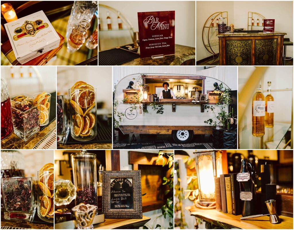 Snohomish Wedding Photographer GSquared Weddings Collage of a vintage-themed bar setup featuring a variety of items: cocktail ingredients in jars, bar menu, decorative books, whiskey bottles, an antique teacup, and a bartender inside a charming mobile bar with plants. Serving Seattle, Snohomish and Orlando