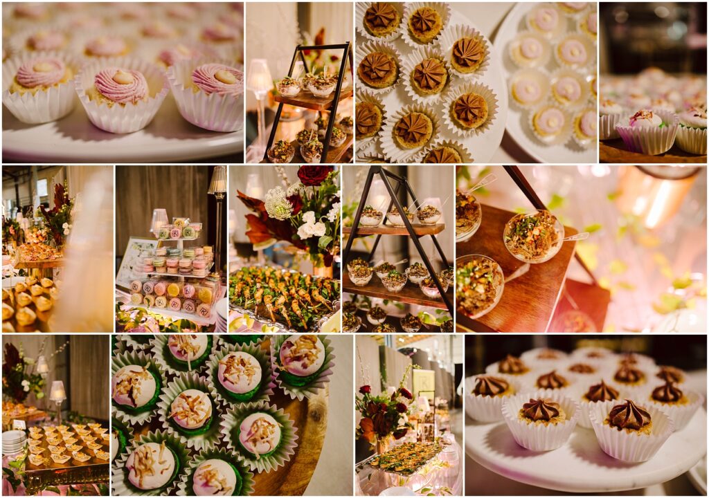 Snohomish Wedding Photographer GSquared Weddings A collage of various cupcakes and dessert displays. The treats are beautifully arranged with different toppings, including swirls of frosting and decorative accents, set on tiered stands and wooden trays at a festive event. Serving Seattle, Snohomish and Orlando