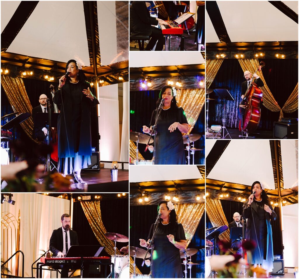 Snohomish Wedding Photographer GSquared Weddings A woman sings passionately on stage in multiple images. She holds a microphone and wears a long black dress. A keyboardist, drummer, and double bassist accompany her. The stage is decorated with golden drapes and soft lighting. Serving Seattle, Snohomish and Orlando