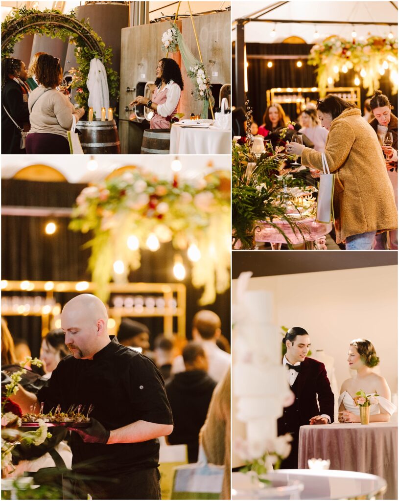 Snohomish Wedding Photographer GSquared Weddings A collage of four wedding fair images: a woman presenting a wedding arch, people tasting food and wine, a chef preparing dishes, and a couple in wedding attire looking at a cake. The setting is decorated with flowers and warm lighting. Serving Seattle, Snohomish and Orlando
