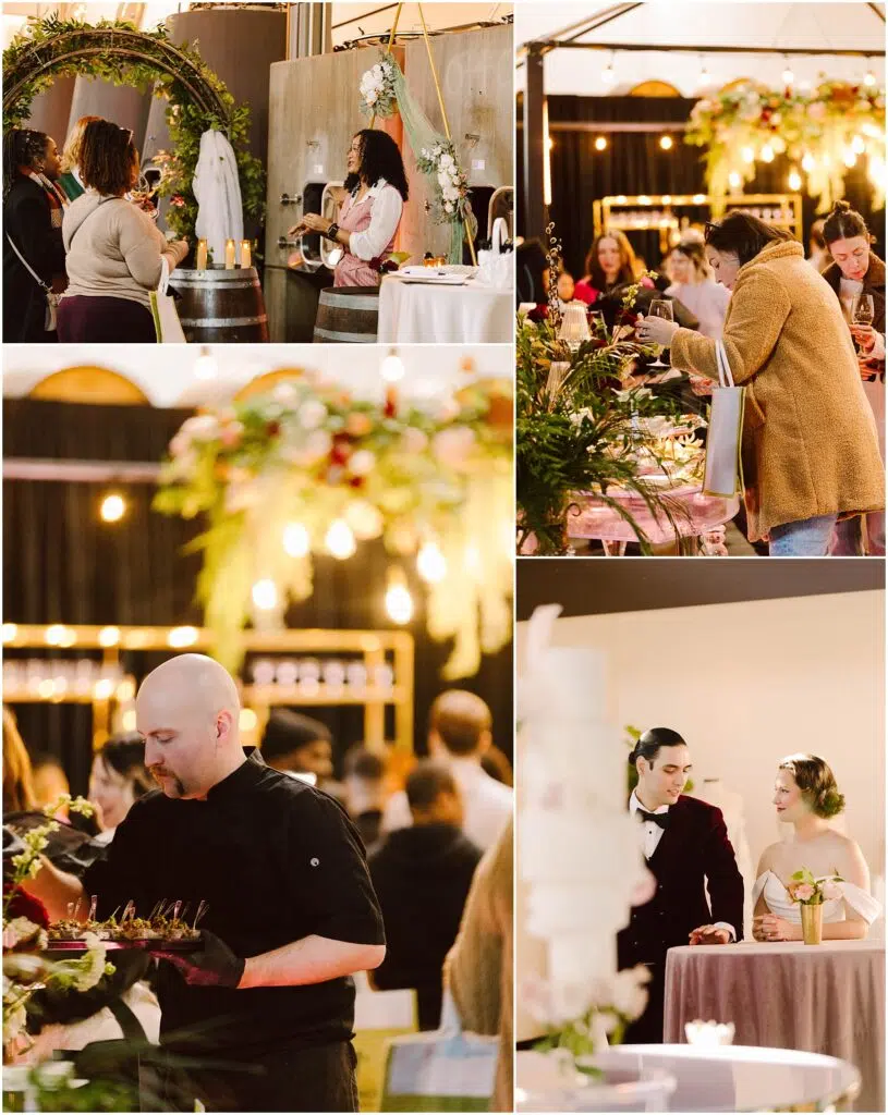 Snohomish Wedding Photographer GSquared Weddings A collage of four wedding fair images: a woman presenting a wedding arch, people tasting food and wine, a chef preparing dishes, and a couple in wedding attire looking at a cake. The setting is decorated with flowers and warm lighting. Serving Seattle, Snohomish and Orlando