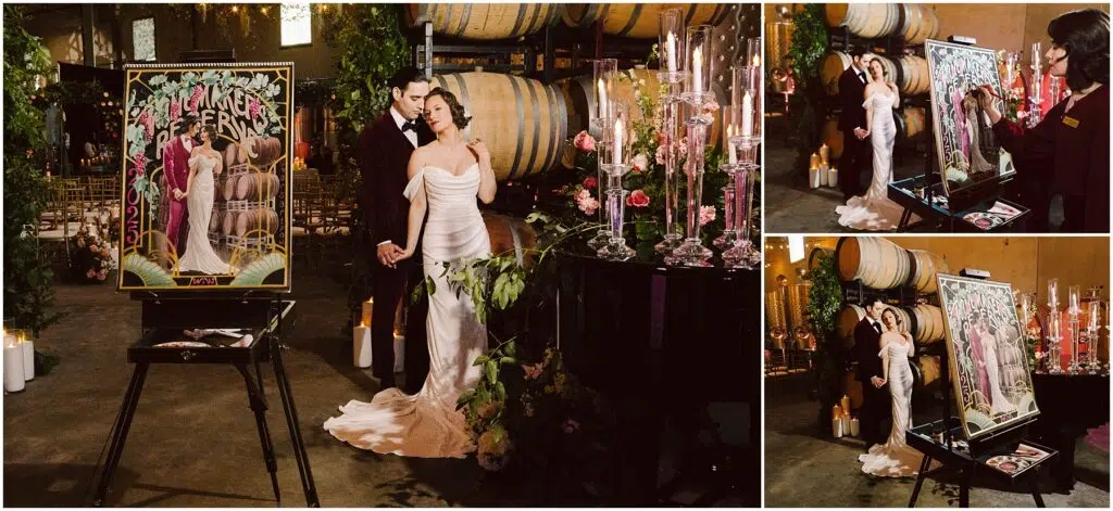 Snohomish Wedding Photographer GSquared Weddings A couple in elegant attire stands near a painting on an easel and a grand piano adorned with candles and flowers in a dimly lit space with large wooden barrels. The scene evokes a romantic and artistic atmosphere. Serving Seattle, Snohomish and Orlando