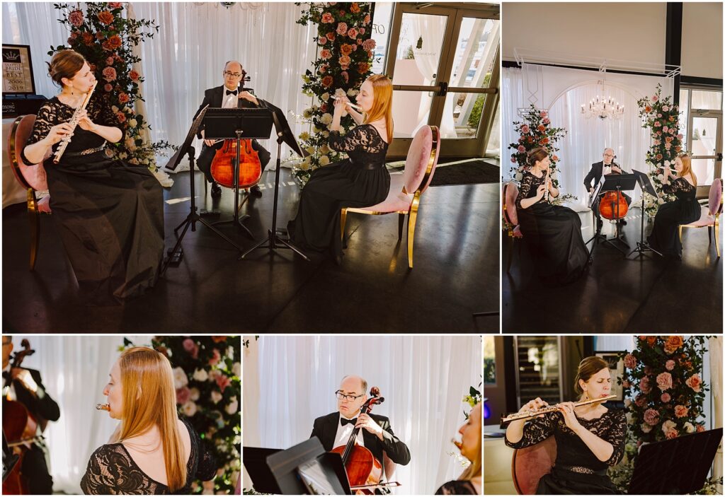 Snohomish Wedding Photographer GSquared Weddings Musicians perform in elegant attire at an indoor event. A flutist, oboist, and cellist play before a backdrop of floral arrangements and soft lighting, seated on velvet chairs, creating a classy and intimate atmosphere. Serving Seattle, Snohomish and Orlando
