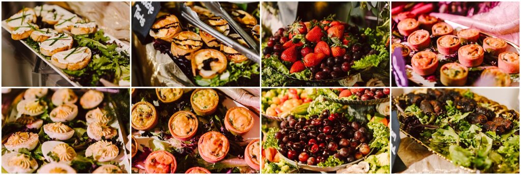 Snohomish Wedding Photographer GSquared Weddings A collage of eight images showing a variety of food platters. The dishes include assorted sandwiches, fruit like strawberries and grapes, mini quiches, and appetizers garnished with fresh greens. The setting appears to be a buffet. Serving Seattle, Snohomish and Orlando