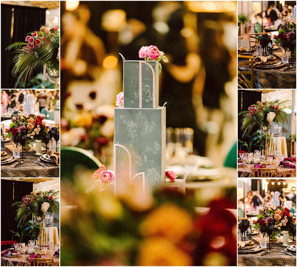 Snohomish Wedding Photographer GSquared Weddings Collage of an elegant wedding table setup with floral arrangements and a tiered cake. The scene includes rich floral bouquets, candles, glassware, and a teal cake adorned with pink flowers, set in a warmly lit, sophisticated environment. Serving Seattle, Snohomish and Orlando