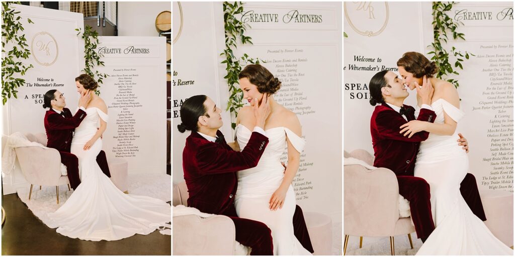 Snohomish Wedding Photographer GSquared Weddings A bride in a white gown and a groom in a burgundy suit embrace in front of a decorative backdrop with greenery. They share affectionate moments, with the groom seated and the bride standing or sitting on his lap in various poses. Serving Seattle, Snohomish and Orlando