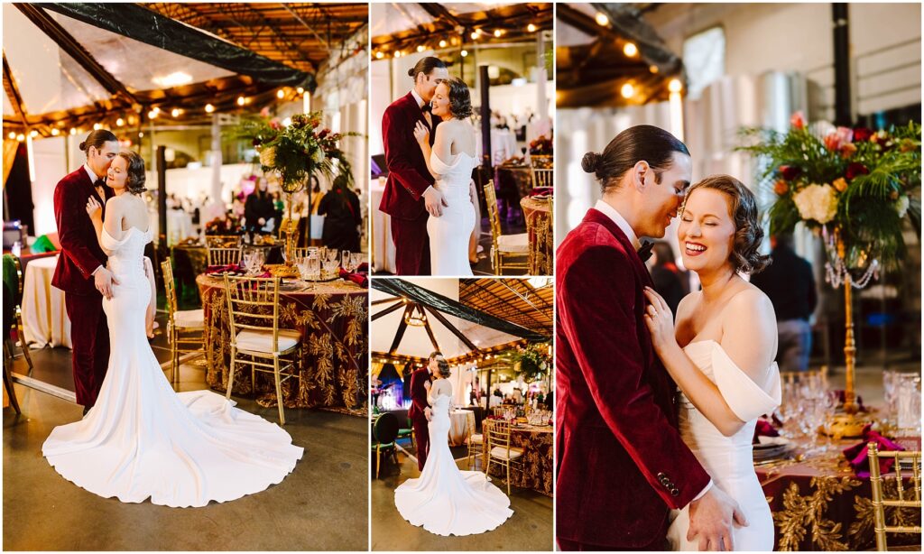 Snohomish Wedding Photographer GSquared Weddings A bride in a white gown and a groom in a red velvet suit share intimate moments at a festive indoor wedding reception. The setting is decorated with flowers and warm lighting, and they are surrounded by elegantly set tables. Serving Seattle, Snohomish and Orlando