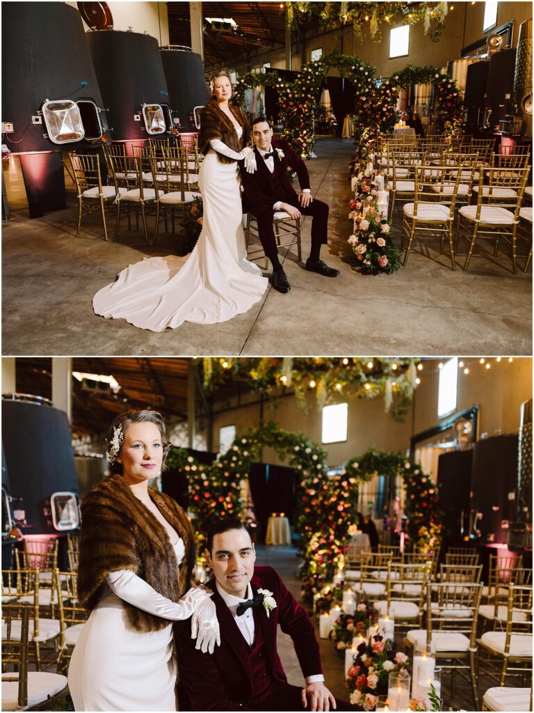 Snohomish Wedding Photographer GSquared Weddings A couple poses in an elegant wedding setting. The woman wears a white gown and fur stole, and the man dons a burgundy suit. Theyre surrounded by gold chairs, floral arrangements, and arches adorned with greenery inside a large venue. Serving Seattle, Snohomish and Orlando