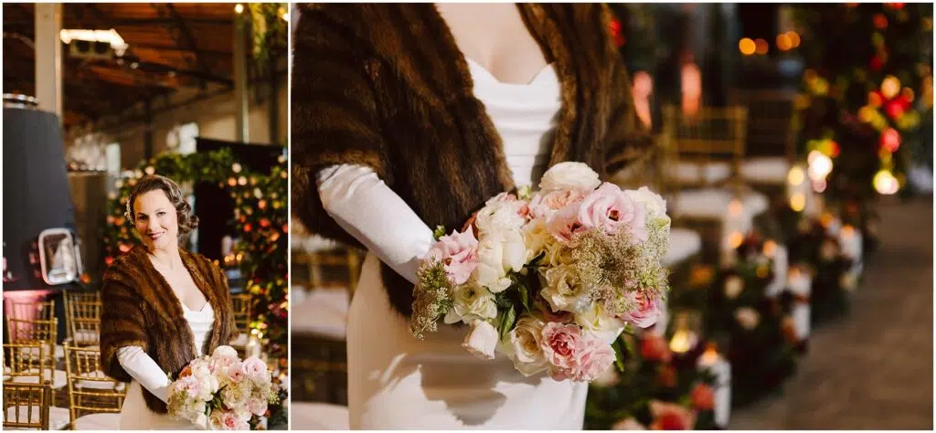 Snohomish Wedding Photographer GSquared Weddings A bride in a white dress and brown shawl holds a bouquet of pink and white flowers. She stands in an elegantly decorated venue with golden chairs and floral arrangements. Serving Seattle, Snohomish and Orlando