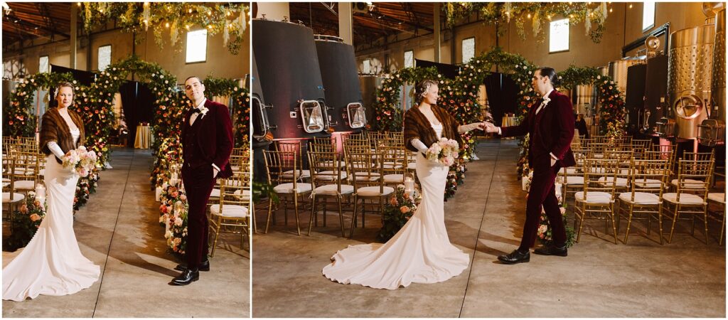 Snohomish Wedding Photographer GSquared Weddings A couple in formal attire stands in an elegant venue decorated with flowers and golden chairs. The bride wears a white gown and fur shrug, holding a bouquet. The groom in a burgundy suit offers his hand to her. Soft lighting enhances the ambiance. Serving Seattle, Snohomish and Orlando