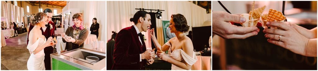Snohomish Wedding Photographer GSquared Weddings A couple in formal attire enjoy an ice cream stand at a reception. The woman, in an off-shoulder dress, laughs while the man, in a burgundy suit, holds two cones. Close-up of their hands shows one cone with a waffle piece. Serving Seattle, Snohomish and Orlando