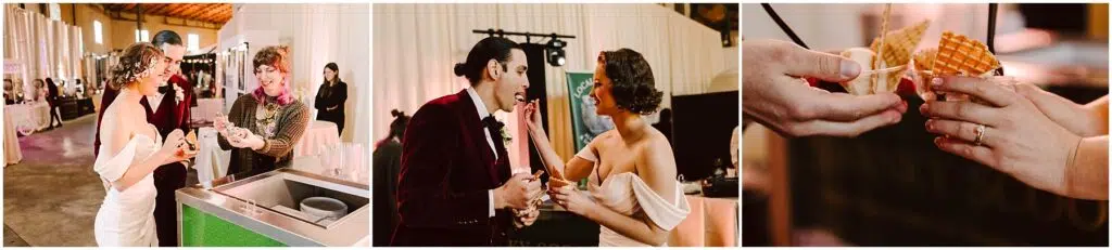 Snohomish Wedding Photographer GSquared Weddings A couple in formal attire enjoy an ice cream stand at a reception. The woman, in an off-shoulder dress, laughs while the man, in a burgundy suit, holds two cones. Close-up of their hands shows one cone with a waffle piece. Serving Seattle, Snohomish and Orlando