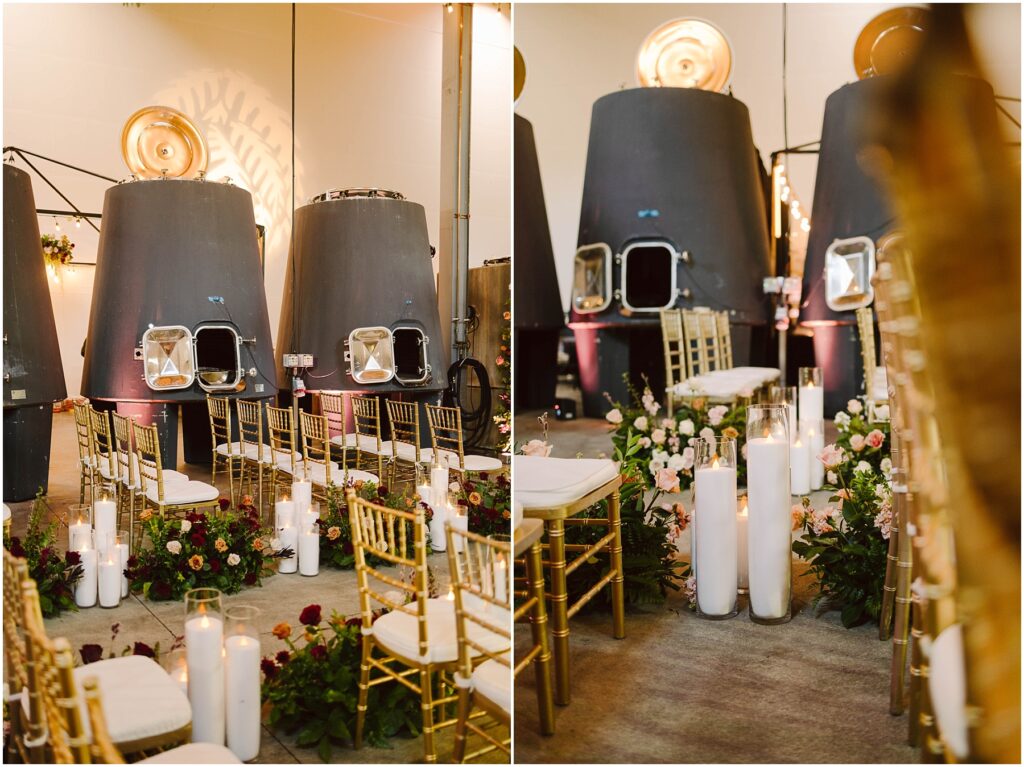 Snohomish Wedding Photographer GSquared Weddings A wedding ceremony setup inside a unique venue with vintage rocket capsules. The aisle is lined with gold chairs, lush flowers, and tall white candles. The setting blends industrial elements with romantic floral decor. Serving Seattle, Snohomish and Orlando