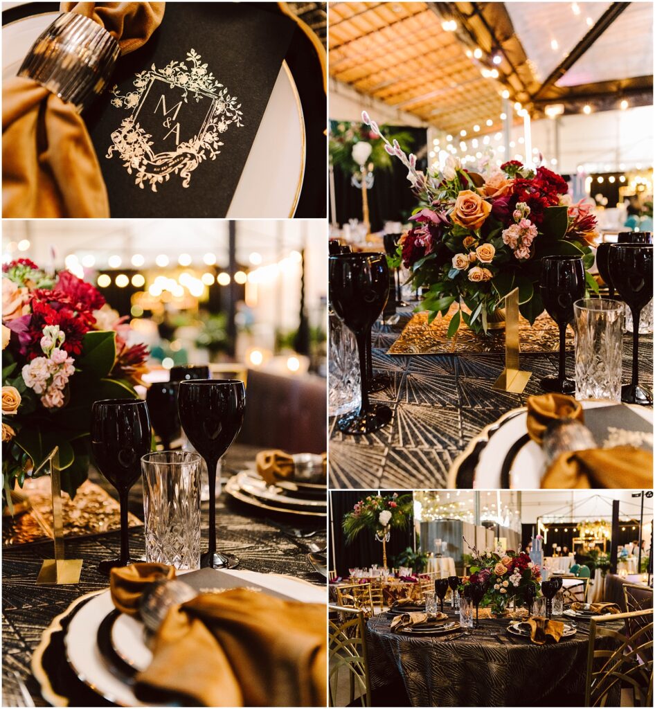 Snohomish Wedding Photographer GSquared Weddings Elegant table setting for a wedding, featuring a black and gold menu, ornate glassware, and lavish floral arrangements with red, pink, and peach flowers. Warm lighting creates a cozy ambiance in a banquet hall. Serving Seattle, Snohomish and Orlando