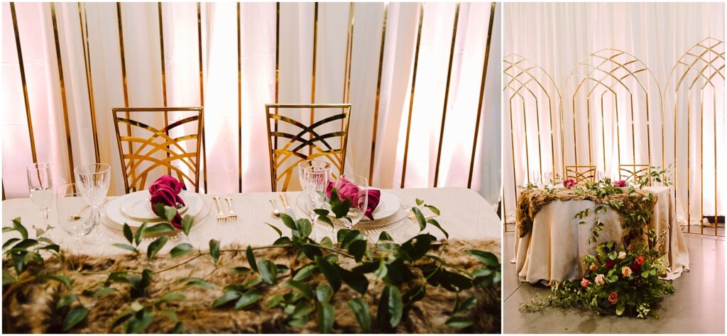 Snohomish Wedding Photographer GSquared Weddings Elegant wedding table setting with gold chairs and a white tablecloth adorned with greenery. Pink roses on each plate. In the background, gold geometric arches and draped curtains add a decorative touch. Serving Seattle, Snohomish and Orlando