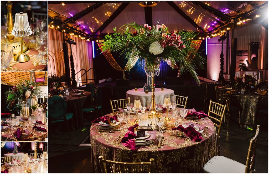 Snohomish Wedding Photographer GSquared Weddings Elegant event setup with a round table featuring floral centerpieces, gold chairs, and purple napkins. Soft lighting and draped curtains create a luxurious ambiance. Side images show more decor details and table settings. Serving Seattle, Snohomish and Orlando