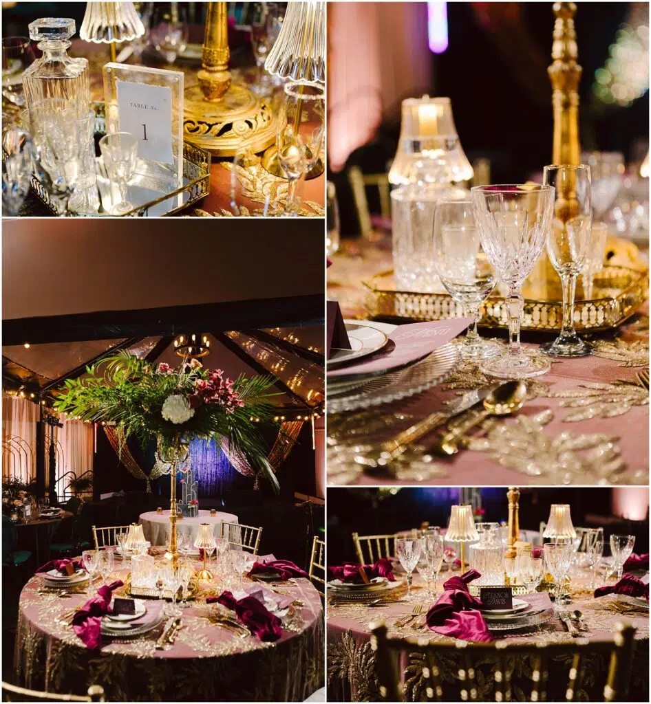 Snohomish Wedding Photographer GSquared Weddings Collage of elegant table settings at an event. Includes ornate glassware, gold accents, floral centerpieces, and purple napkins on tables. Warm lighting adds a luxurious ambiance. Serving Seattle, Snohomish and Orlando