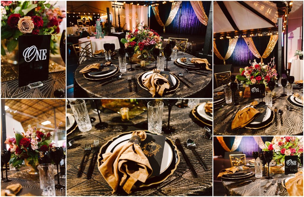 Snohomish Wedding Photographer GSquared Weddings Collage of event dining tables featuring elegant decor. Tables are set with black plates, gold napkins, and floral centerpieces in rich colors. Place cards with the word ONE and sparkling lights adorn the background, creating a luxurious atmosphere. Serving Seattle, Snohomish and Orlando