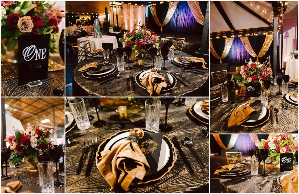Snohomish Wedding Photographer GSquared Weddings Collage of event dining tables featuring elegant decor. Tables are set with black plates, gold napkins, and floral centerpieces in rich colors. Place cards with the word ONE and sparkling lights adorn the background, creating a luxurious atmosphere. Serving Seattle, Snohomish and Orlando