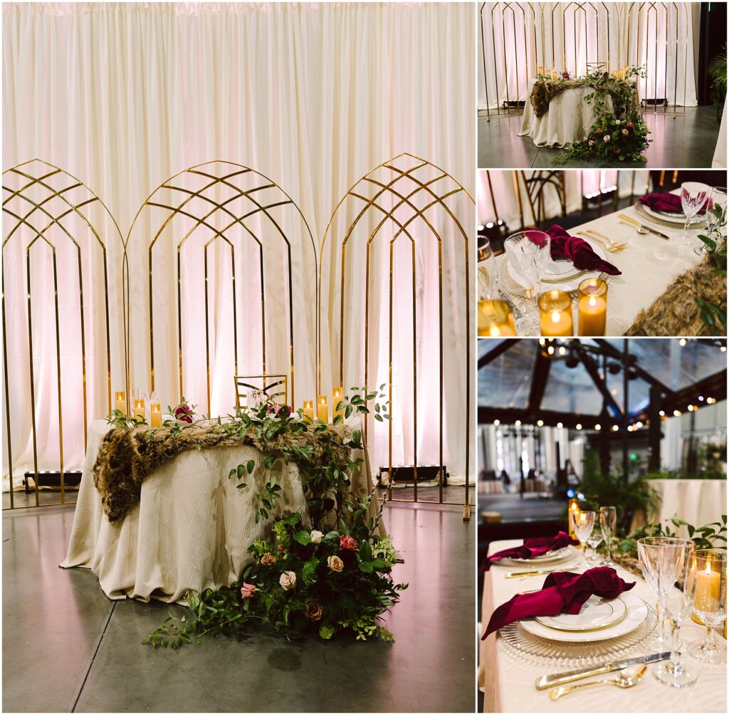 Snohomish Wedding Photographer GSquared Weddings A lavish wedding table setup with gold arches and white drapes as a backdrop. The table is adorned with candles, greenery, and pink flowers. A place setting includes elegant plates and glasses with burgundy napkins on top. Serving Seattle, Snohomish and Orlando