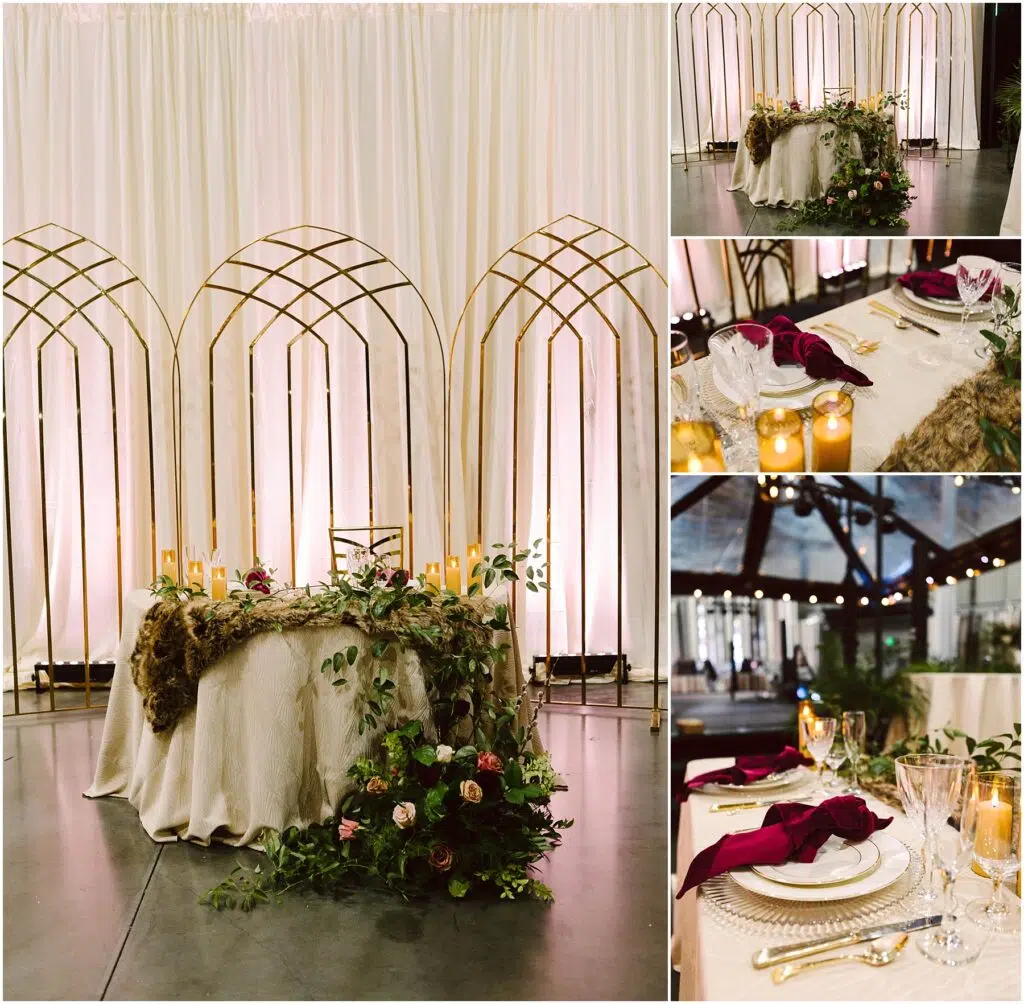 Snohomish Wedding Photographer GSquared Weddings A lavish wedding table setup with gold arches and white drapes as a backdrop. The table is adorned with candles, greenery, and pink flowers. A place setting includes elegant plates and glasses with burgundy napkins on top. Serving Seattle, Snohomish and Orlando