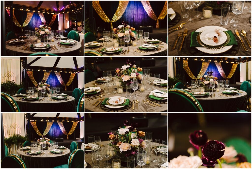 Snohomish Wedding Photographer GSquared Weddings Collage of elegant dining setups featuring tables with green velvet chairs, gold flatware, floral centerpieces, and draped gold and purple fabric in the background. Plates are arranged with intricate settings and decorative details. Serving Seattle, Snohomish and Orlando