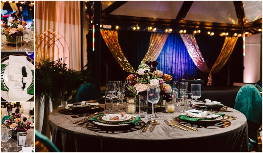 Snohomish Wedding Photographer GSquared Weddings Elegant wedding reception setup with a round table adorned with green and gold tableware, surrounded by teal chairs. A floral centerpiece and candles sit on the table. Background features draped gold and black curtains and dim lighting enhancing the atmosphere. Serving Seattle, Snohomish and Orlando