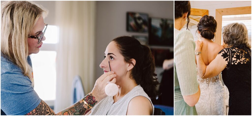 Snohomish Wedding Photographer GSquared Weddings A woman is applying makeup to a seated person on the left. On the right, two people are helping another woman in a wedding dress with the finishing touches, gently adjusting her dress. The backgrounds suggest a bright room with art on the walls. Serving Seattle, Snohomish and Orlando