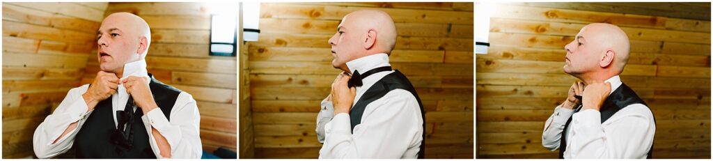 Snohomish Wedding Photographer GSquared Weddings A bald man wearing a white shirt and black vest adjusts his bow tie in front of a wooden wall. The image is a sequence of three panels showing him from different angles as he fixes his tie. Serving Seattle, Snohomish and Orlando
