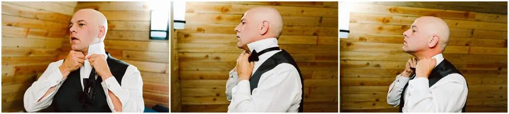 Snohomish Wedding Photographer GSquared Weddings A bald man wearing a white shirt and black vest adjusts his bow tie in front of a wooden wall. The image is a sequence of three panels showing him from different angles as he fixes his tie. Serving Seattle, Snohomish and Orlando