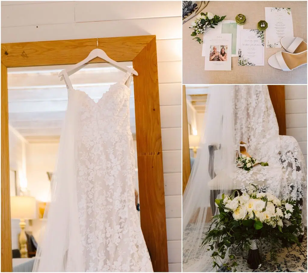 Snohomish Wedding Photographer GSquared Weddings A lace wedding dress hangs on a wooden mirror. Nearby, there are wedding invitations, an engagement photo, and a pair of beige shoes. A bouquet of white roses and greenery rests on a lace-upholstered chair. Serving Seattle, Snohomish and Orlando